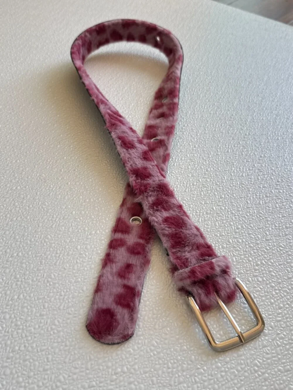 Pink Leopard Print Faux Fur Belt Silver Buckle Y2K
